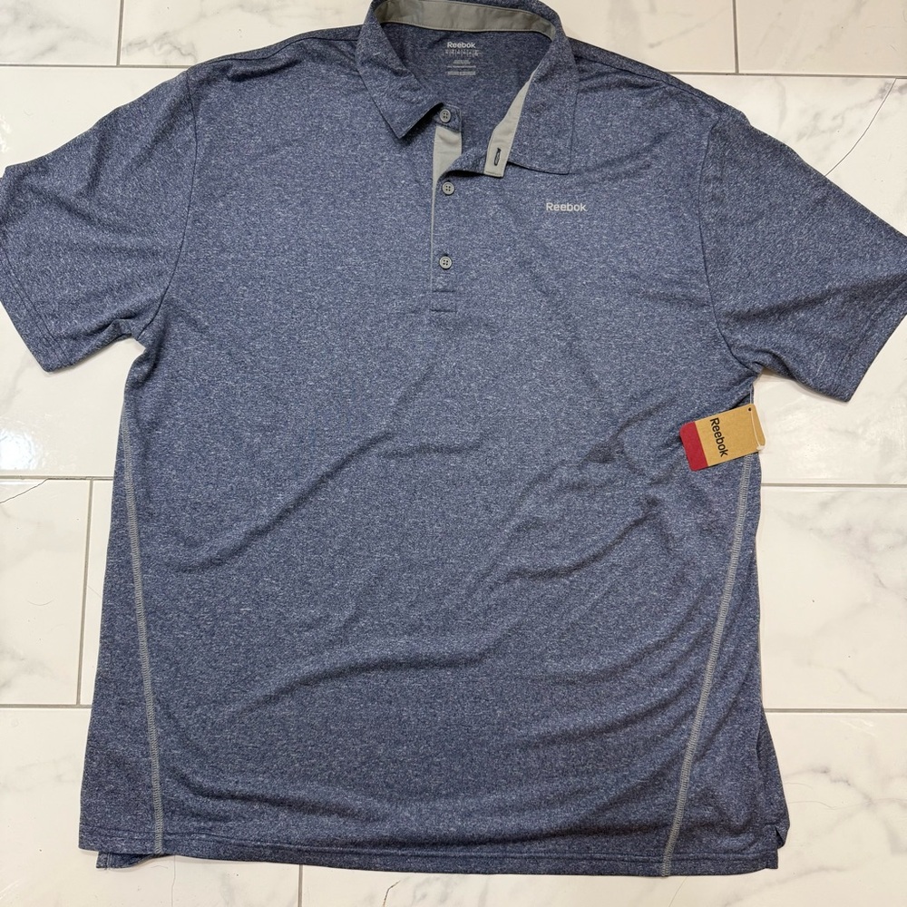 NWT Reebok Men’s Polo Shirt Size XL Performance Blue‎ Heather Moisture-Wicking